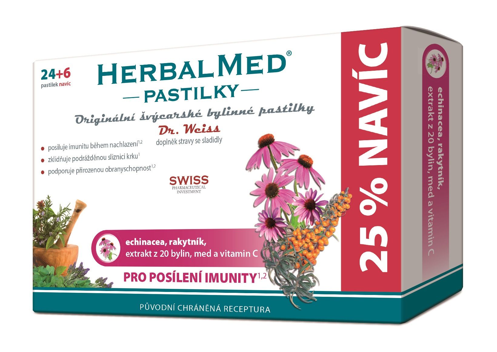 Dr. Weiss HerbalMed Echinacea + rakytník + vitamin C 24+6 pastilek Dr. Weiss