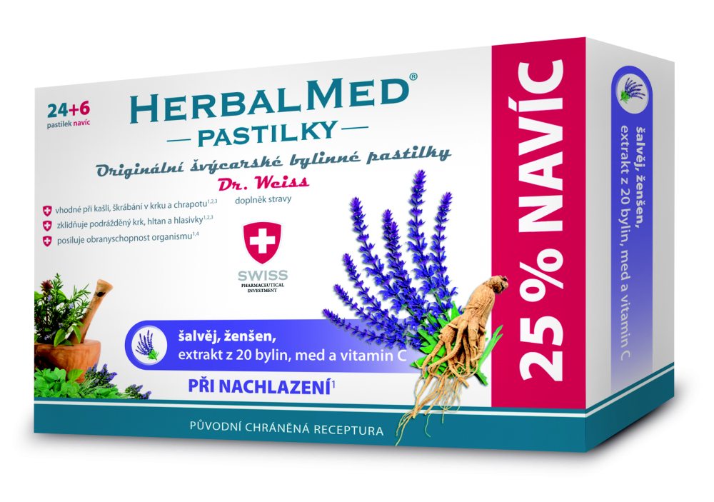 Dr. Weiss HerbalMed Šalvěj + ženšen + vitamin C 24+6 pastilek Dr. Weiss