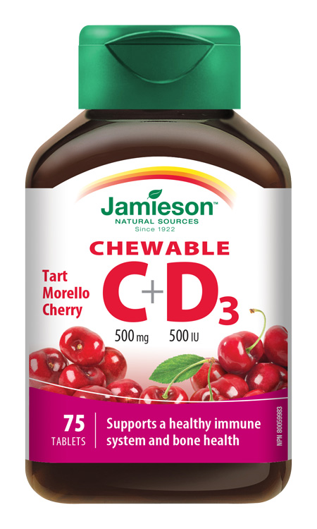 Jamieson Vitamíny C a D3 500 mg/500 IU příchuť třešeň 75 cucacích tablet Jamieson
