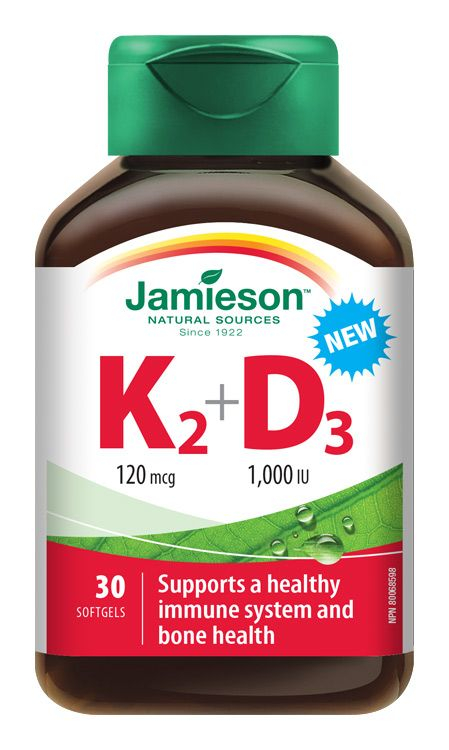 Jamieson Vitamíny K2 120 μg a D3 1 000 IU 30 kapslí Jamieson