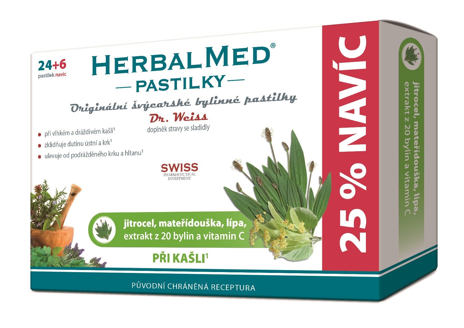 Dr. Weiss HerbalMed Jitrocel + mateřídouška + lípa + vitamin C 24+6 pastilek Dr. Weiss