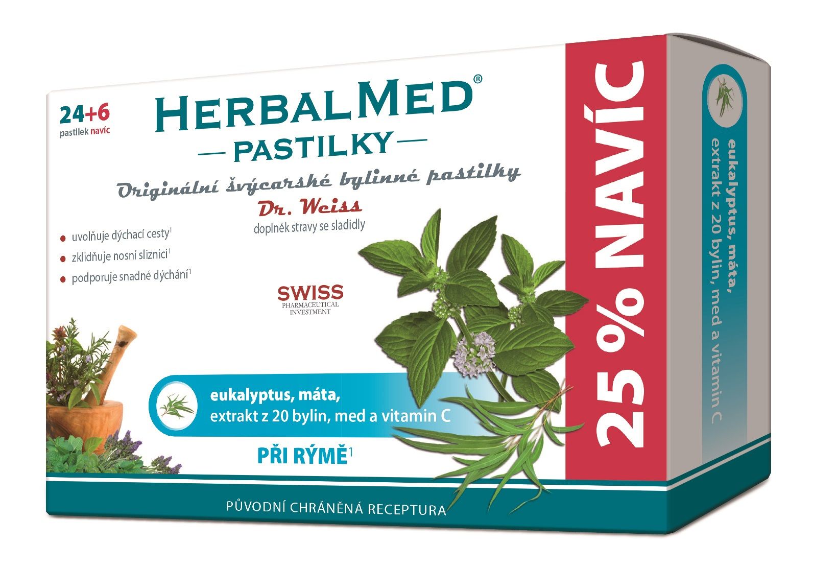 Dr. Weiss HerbalMed Eukalyptus + máta + vitamin C 24+6 pastilek Dr. Weiss
