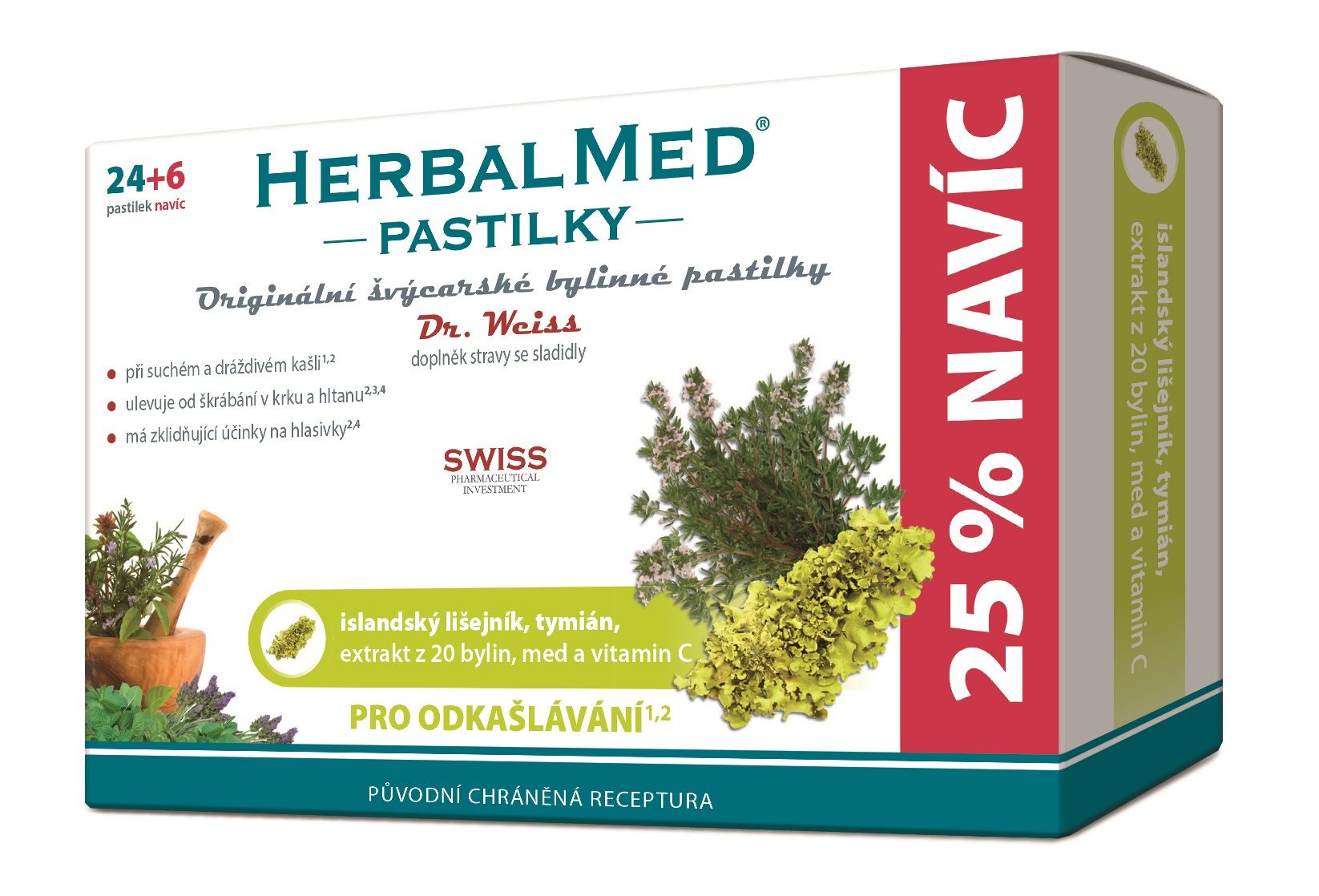 Dr. Weiss HerbalMed Islandský lišejník + tymián + med + vitamin C 24+6 pastilek Dr. Weiss